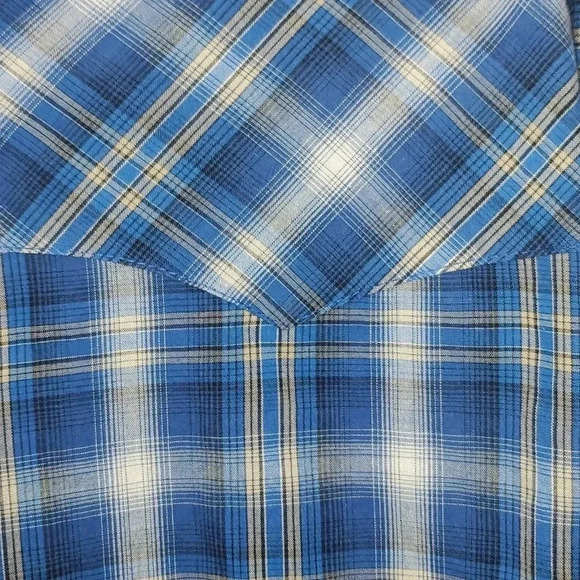 Wrangler Wrancher Pearl Snap Large Blue Plaid Shirt Western Cowboy Cotton Blend - Picture 11 of 11